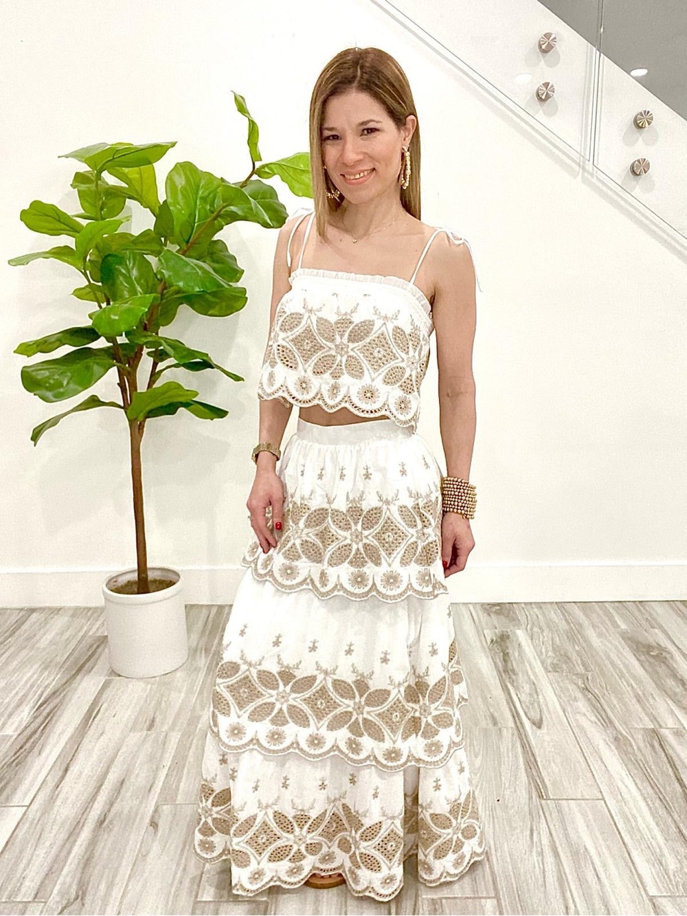 ILLA ILLA White Embroidered Two-Piece Crop Top & Tiered Skirt Set